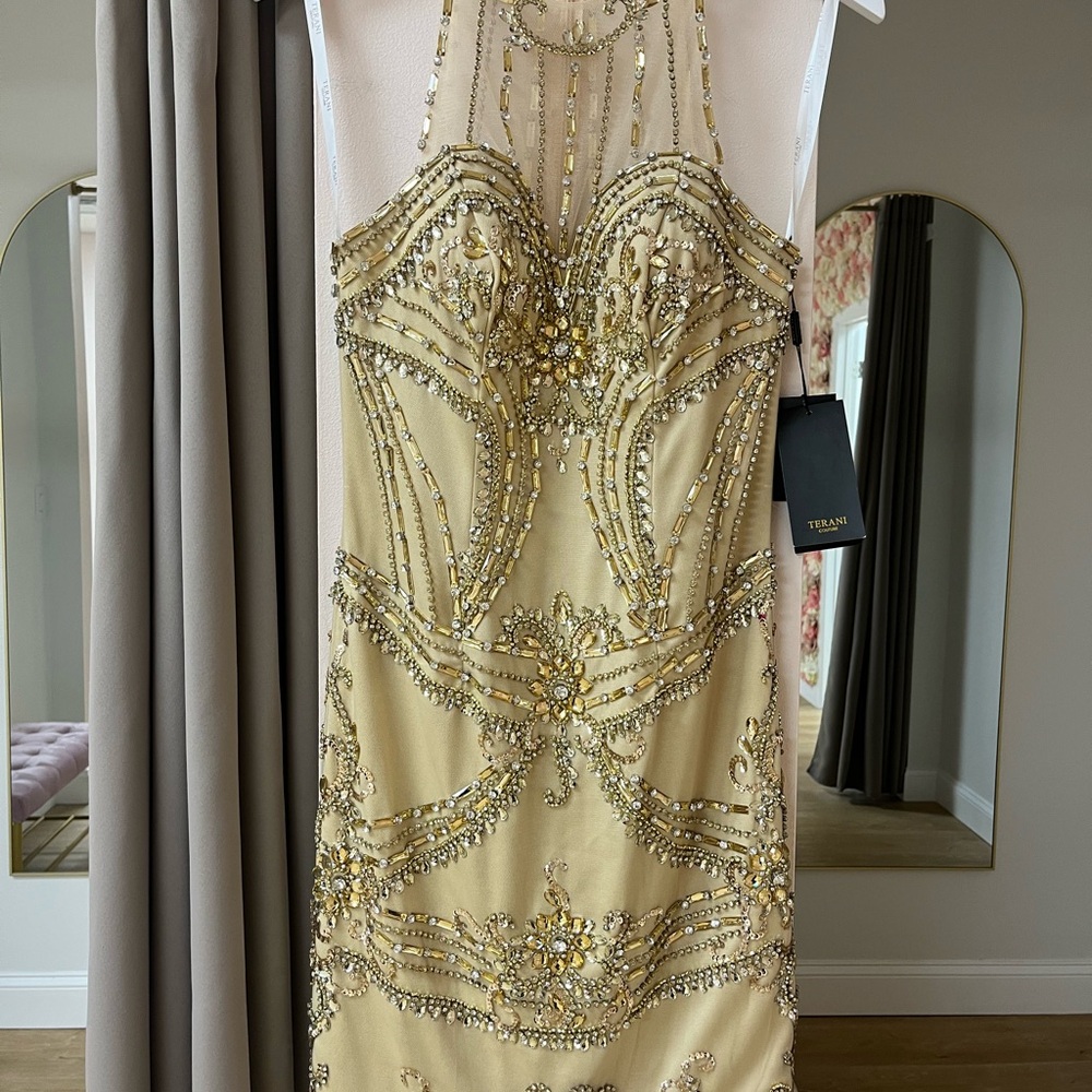 Terani Couture Gold Sequin Halter Sheath Dress